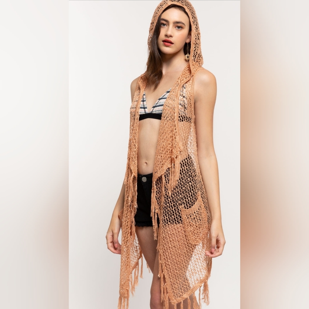 HP💕NEW POL Hooded Sleeveless Vest / Kimono/Cover-Up~Open Stitch w/Fringe~S & M